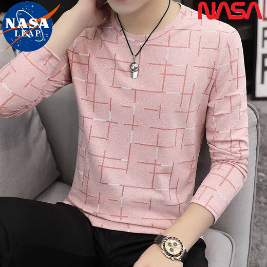 NASA LEAP中国风长袖T恤男士春秋冰丝棉圆领打底衫潮秋衣休闲修身青年简约 白色横条款长袖1518 均码 M80-100斤穿