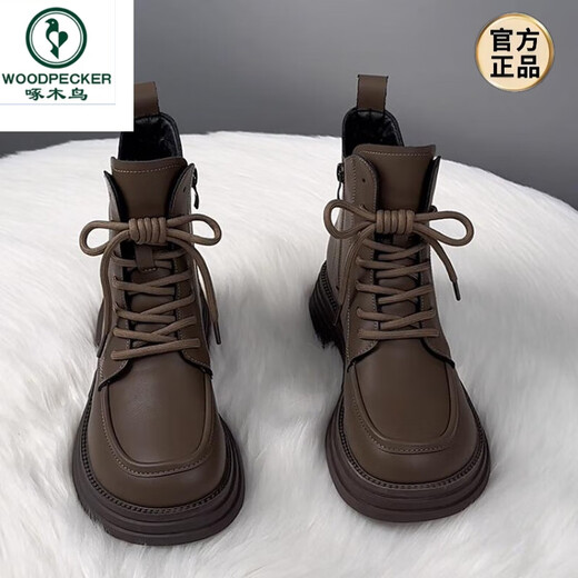 Woodpecker leather Martin boots for women 2024 new autumn and winter British style plus velvet thick sole short boots versatile single boots black (single) 38