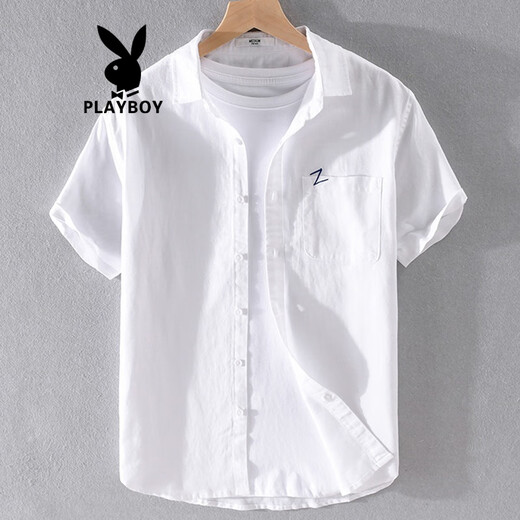 
Playboy (PLAYBOY) men's high-end linen shirt summer trendy brand thin cotton linen top men's casual short-sleeved T-shirt summer clothes yunyi-9711 white XL