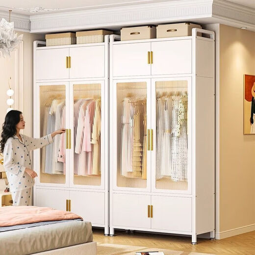 Einfacher Kleiderschrank Schlafzimmer Home Miethaus zusammengebautes Metall All-Steel-Rahmen neuer Stil Kleiderschrank kleiner Aufbewahrungsschrank Ober- und untere PC Doppel-Türgarderobe 998*500*1585
