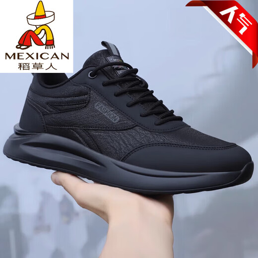 稻草人（MEXICAN）鞋子男鞋新款软底运动休闲夏季2024潮鞋男士春季透气鞋皮面工作跑 黑色 6231春秋皮面 39 标准运动鞋码