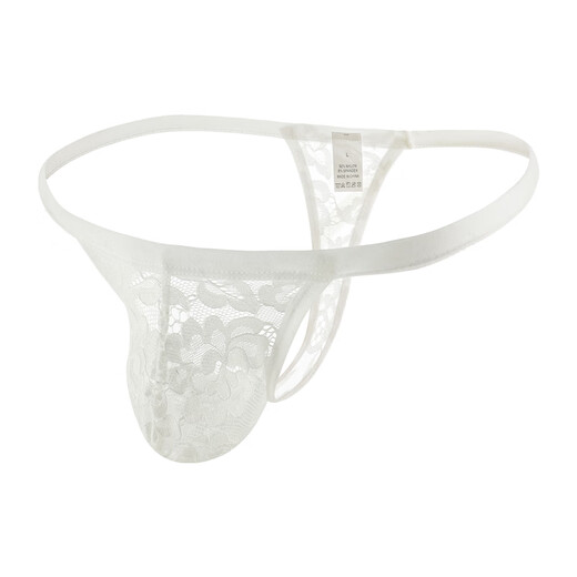 Lace underwear men's thong sexy single thong transparent hollow mesh T underwear thin edge breathable briefs white XL