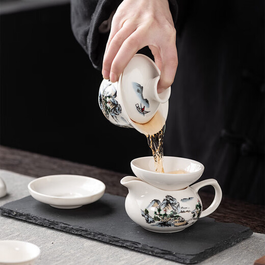 Sancai Gaiwan Kungfu Tea Set Blue and White Ceramic Home Tea Maker Complete Set Office Simple Tea Cup 10 Jade Porcelain-Blue and White Peony-Gaiwan Six Cups