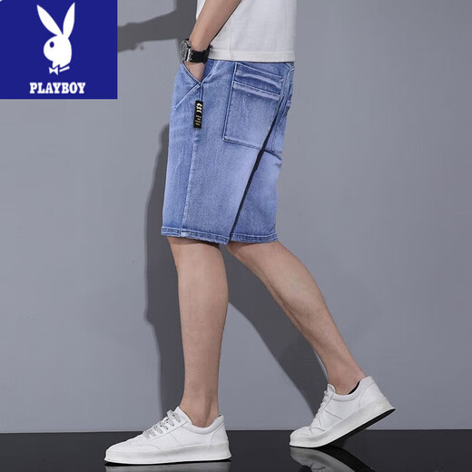 Playboy (Playboy) Denim Shorts Herren Sommer dünne koreanische Stil trendy losen geraden Männer lässige, hübsche hübsche Fünf-Punkte-Mid-Hose 671 Blue Grey 1 Strip 34 (2 Fuß 7)