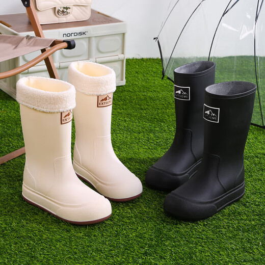 Mode Regenstiefel für Frauen mit mittlerer Röhre nicht rutschfeste wasserdichte Schuhe plus samtrische Regenstiefel Küche Arbeit vier Saison Gummischuhe überschuht Wasserstiefel weiß [flüdlos] 38