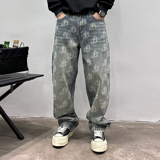 Meiyao Frühling und Herbst Amerikanische Freizeit und gutaussehende Graffiti-gedruckte Retro-Jeans-Männer gerade losen losen Weitbeindaddad Hose, Deep Khaki Farbe 9227 Loose Straight 38 185-200jin [Jin gleich 0,5 kg]