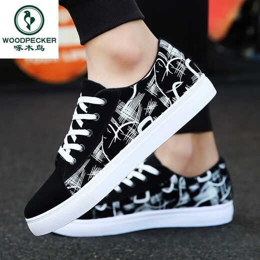 Holzspecker Sommer Neue vielseitige weiße Schuhe Herrenschuhe Trendy Schuhe Sport Casual Board Schuhe Herren Stoffschuhe Nicht rutschende Leinwandschuhe Männer 6636 Schwarz und Weiß 41