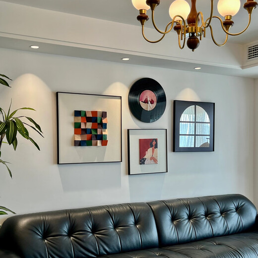 Jianzao 3D three-dimensional living room sofa background wall decoration painting 2025 new high-end restaurant antique style wall painting Type A - combination painting medium set 60cm*1+40cm*2+50cm*1 black aluminum alloy frame three-dimensional wood block + crystal porcelain clock + concave and convex oil painting + mirror painting