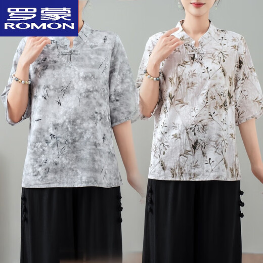 罗蒙（ROMON）纯棉中式夏装时尚洋气2025新款气质中老夏季国风T恤小衫上衣短袖 花色 1号色 Q24-10 款  上衣 XL 建议90-115斤