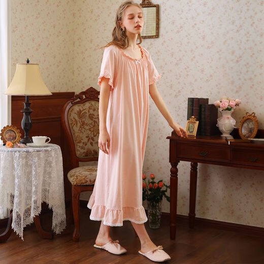 
Yalu French short-sleeved nightgown for women's cotton summer long princess style pajamas home clothes white long skirt 2025 white DSL695 M 160