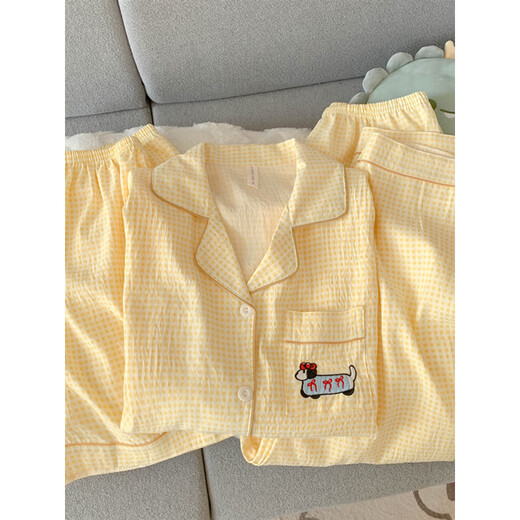 Arctic velvet dachshund dog pajamas for women 2025 new summer pure cotton gauze short-sleeved three-piece suit cardigan cotton silk home clothes Yunduo Cotton-J9901# Paradise puppy three-piece set M [Suggestion 75-100Jin [Jin equals 0.5 kg]]