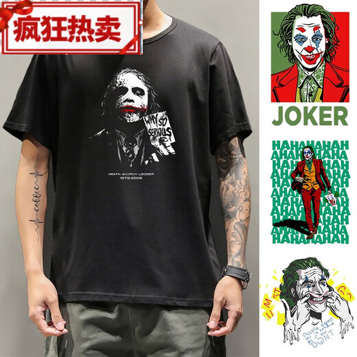 Heath Ledger Joker Short-sleeved T-shirt Joker Jointly Branded Dark Knight Batman Clothes Movie Peripheral Print F693 White Clown XS (75-95Jin [Jin equals 0.5 kg])