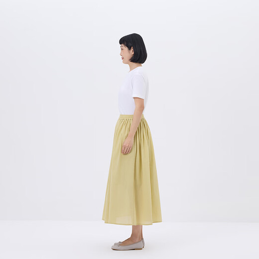 无印良品（MUJI）女式 强捻抽褶裙 长半身裙女夏季款裙子25年新品女装纯棉BE1VCC5S 黄色 M (160/66A)