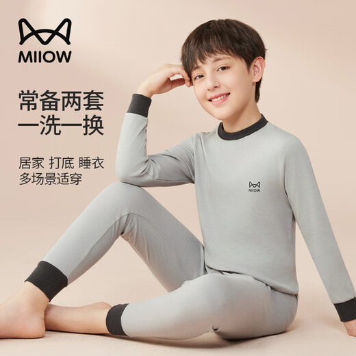 Catman Children's Underwear Set Pure Cotton Boys' Autumn Clothes and Autumn Pants Half Turtle Collar Teenagers' Underwear Light Gray 150