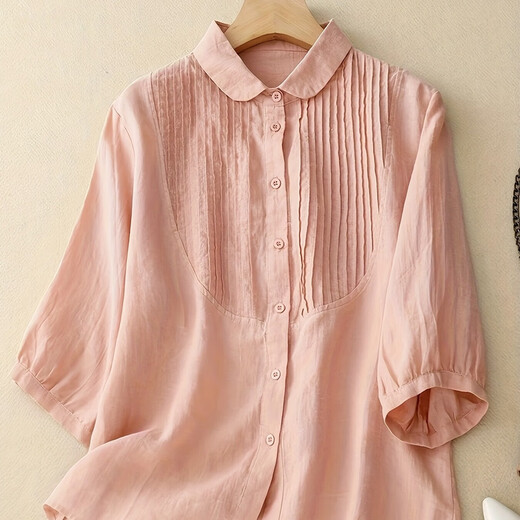 
[Original Export] Retro accordion pleated cotton linen shirt for women in summer fashionable age-reducing shirt casual literary top Pink S suitable for 80-95 Jin [Jin equals 0.5 kg]