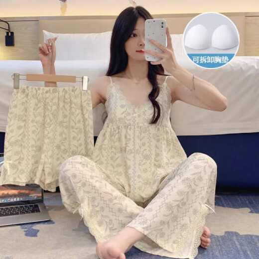 桑琴带胸垫睡衣女款夏季吊带蕾丝长裤三件套装夏天少女甜美可爱家居服 SSM-897三件套【可拆卸胸垫】 M 【75-100斤】