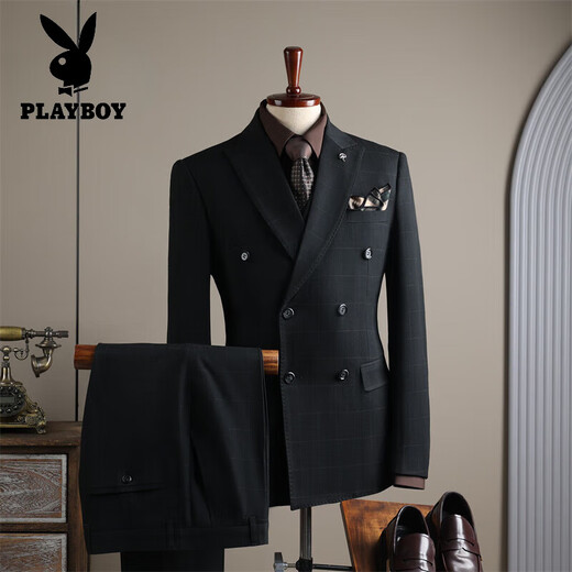 Playboy (PLAYBOY) light luxury high-end suit suit men's high-end British double-breasted plaid suit three-piece groom's wedding dress black (suit + pants + vest) 3XL 56