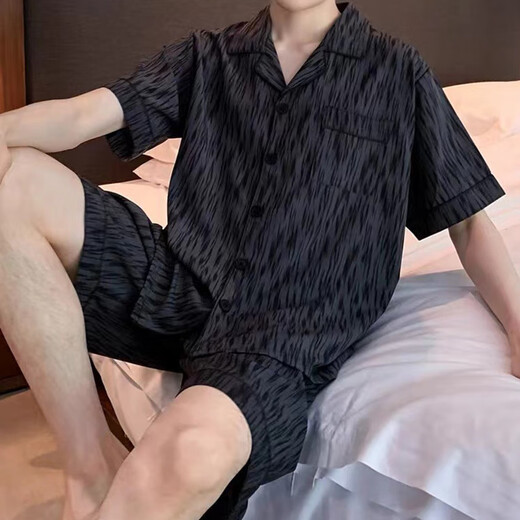 霖曼柔男生睡衣夏季薄款短袖短裤黑色条纹加大码开衫家居服两件套可外穿 681#双短男装大熊猫 2XL 【130-150斤】