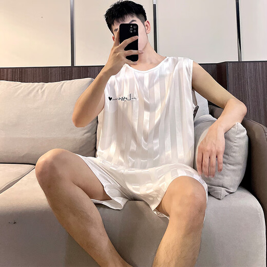 依慕琪夏季男士睡衣男大童初中学生冰丝夏天薄款背心睡裤夏款大码 情9901藏青男 L 男(100-120斤）