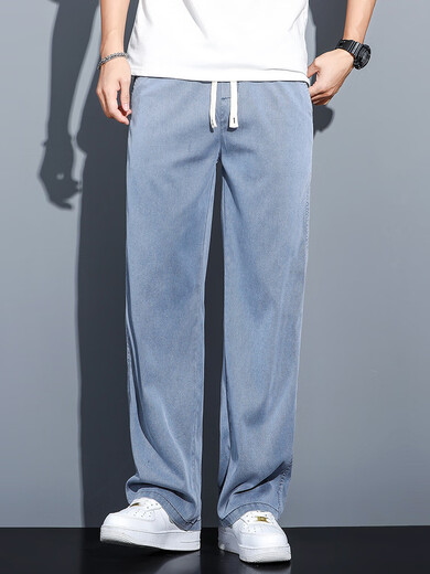 皮尔卡丹（pierre cardin）休闲裤男2025春夏新款夏季超柔天丝牛仔裤薄款宽松直筒潮牌冰丝休 1048蓝色+1048蓝色 M