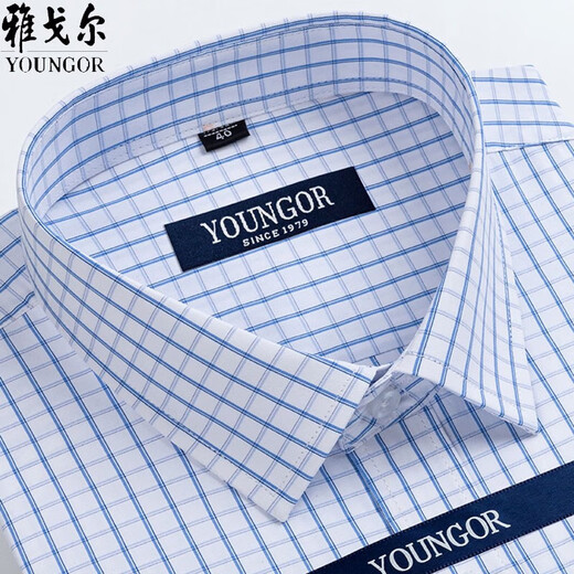 雅戈尔旗舰官方店男士短袖衬衫夏季纯棉免烫中年休闲商务职业正装格子衬 蓝色dx6636 39
