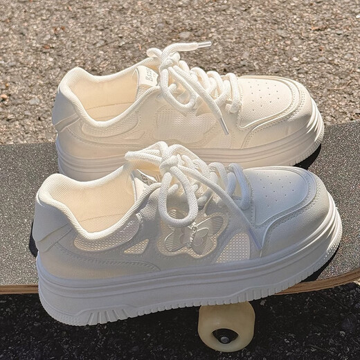 Pájaros carpinteros zapatos blancos pequeños de suela gruesa para mujeres de verano 2025 nuevos zapatos de mujer delgados transpirables con deportes de falda y zapatos casuales para mujeres blancas 36 (230 mm)