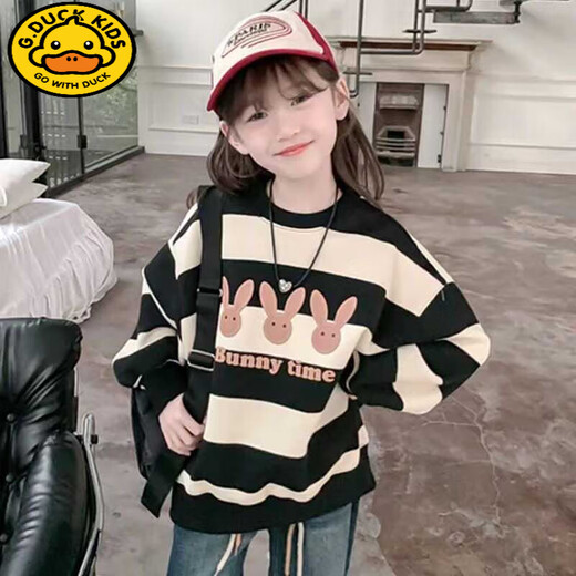 G.DUCKKIDS女童卫衣秋装2025新款中大童洋气春秋款小女孩秋冬季加绒上衣 黑白条纹春秋款 不加绒 120 建议身高115以内