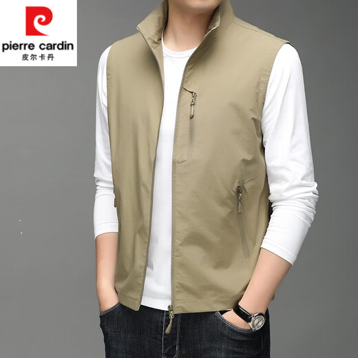 皮尔卡丹（pierre cardin）春夏季薄款立领钓鱼马甲男工装背心户外休闲男装潮流无袖坎肩外套 卡其色 夹克背心686 XL