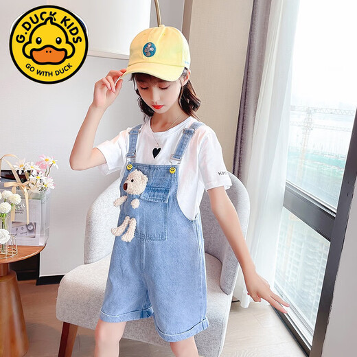 G.DUCKKIDS女童小熊牛仔背带裤套装2025夏新款韩版洋气儿童牛仔短裤爱心T恤 单件蓝短款背带裤 110cm