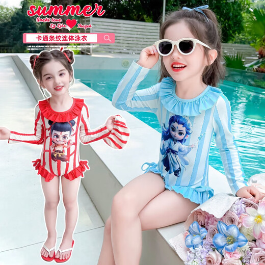 Bamaitu Nezha swimsuit 2025 new children's Nezha one-piece swimsuit for baby girls summer long-sleeved sun protection quick-drying swimming red Nezha 90