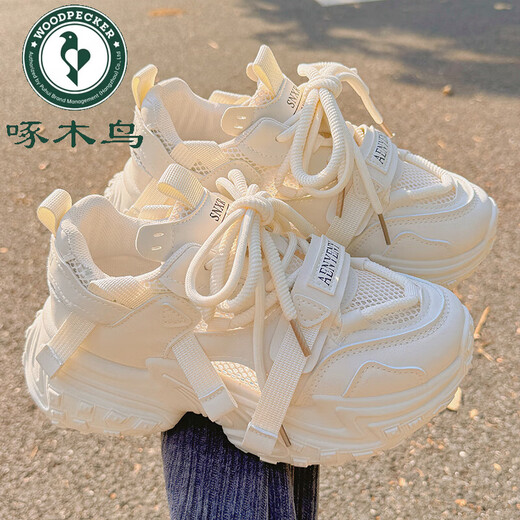 Woodpecker autumn women's shoes dad's shoes women's breathable mesh shoes with wide-leg pants shoes thick-soled white shoes sneakers trendy 9905-1 beige leather 35