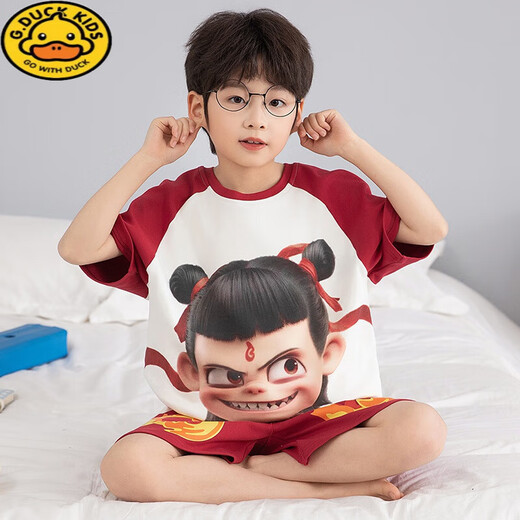 G.DUCKKIDS哪吒儿童家居服套装男夏季纯棉薄款短袖短裤套装卡通男孩两件套 T695奶龙 140 S码 高143-158CM