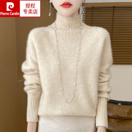 Pierre Cardin 100% pure wool sweater thickened turtleneck bottoming shirt for women 2025 autumn and winter new style loose large size knitted sweater raw velvet rice M (90-105Jin Jin is equal to 0.5kg)