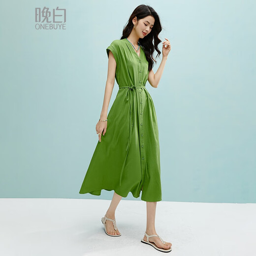 晚白2025年夏款时尚简约气质显瘦遮肉裙子休闲纯色亲肤显白无袖连衣裙 绿色 L
