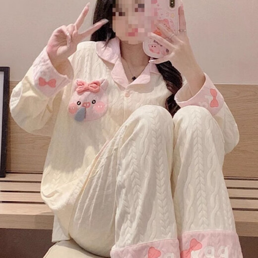 常缕竺睡衣女夏季开衫长袖长裤套装夏天女士2025新款卡通春秋冬款家居服 SSM-3882 M  【75-100斤】