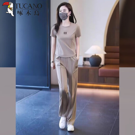 Woodpecker Fashion Sportswear Set for Women 2025 Summer New Fashionable and Fashionable Casual Age Reducing Professional Wide Leg Pants Two-piece Set Light and Coffee Color [Top + Pants] Set Thin M [Suggestions 80-95]