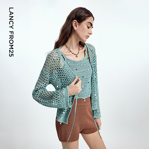 Langzi Yang series hollow cardigan temperament wool sweater summer new blouse top fog blue L