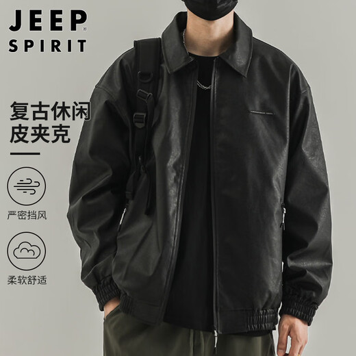JEEP SPIRIT Jeep retro leather jacket men's autumn and winter flight leather jacket American motorcycle suit black XL