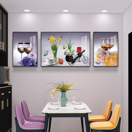 吃香喝辣餐厅装饰画 餐厅装饰画现代轻奢餐桌背景墙壁画时尚饭厅 杯酒言欢 QY7170 1(左右35*50+中50*70)适合1.8米