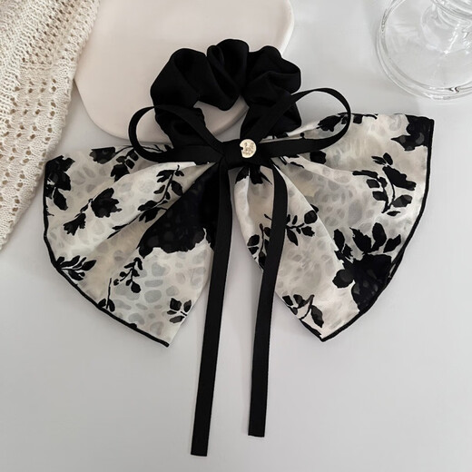 Garenbei French summer hair accessories new elegant flower ribbon bow retro large intestine hair ring high-end headwear headband for women ink hair ring white 1