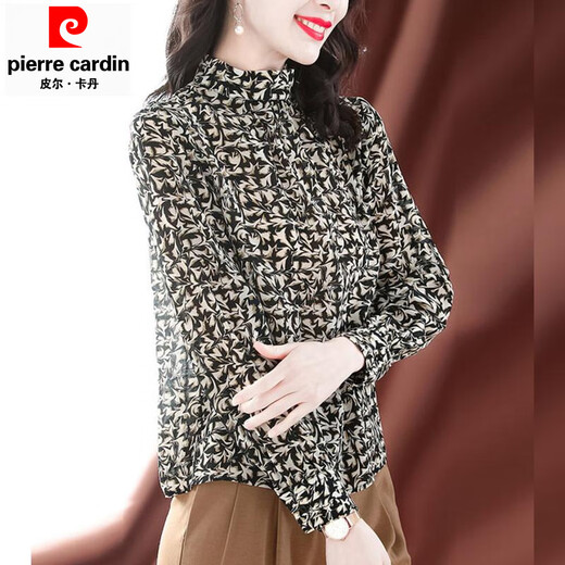 Pierre Cardin Spring 2025 New Spring Autumn Bottoming Top Shirt Chiffon Women's Shirt Spring and Autumn Floral High Neck Color Counter Western Style 3XL