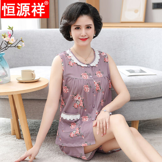 Hengyuanxiang summer new pure cotton pajamas women's sleeveless vest shorts cardigan suit middle-aged and elderly mothers simple home clothes 9720# cardigan M