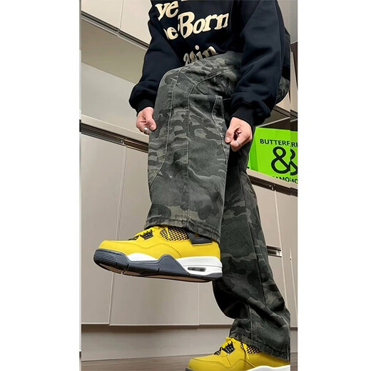 Shelley Jones military green scimitar camouflage jeans men's autumn slim-fit logging overalls American high street straight bootcut pants camouflage color XL recommended 120-140Jin Jin equals 0.5 kg