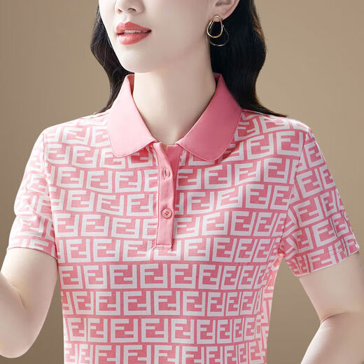 洋气妈妈翻领短袖t恤女士夏季2024新款宽松显瘦POLO衫女印花上衣 829-粉色 829-粉色 M 【建议85-100斤】