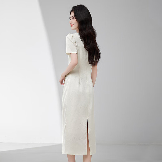 Shangdubila elegant commuting national style stand collar hollow slit pleated slim puff sleeve jacquard dress 152LI2110