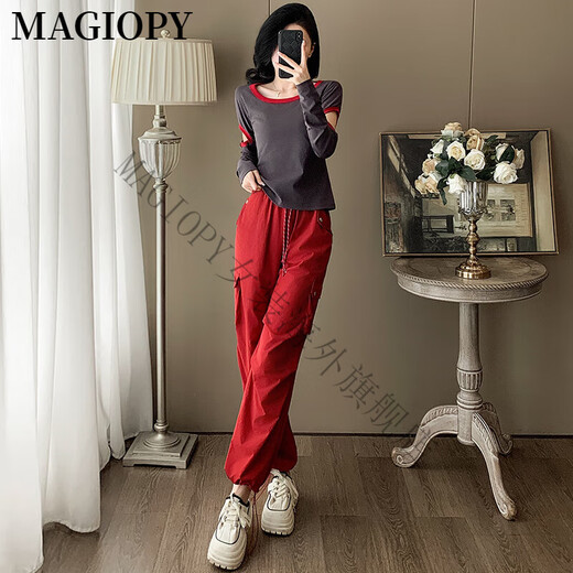 MAGIOPY国际奢侈高档品牌欧货炸街休闲运动套装女2025春季设计感长袖上衣 灰色上衣+红色裤子 S(100斤以内)