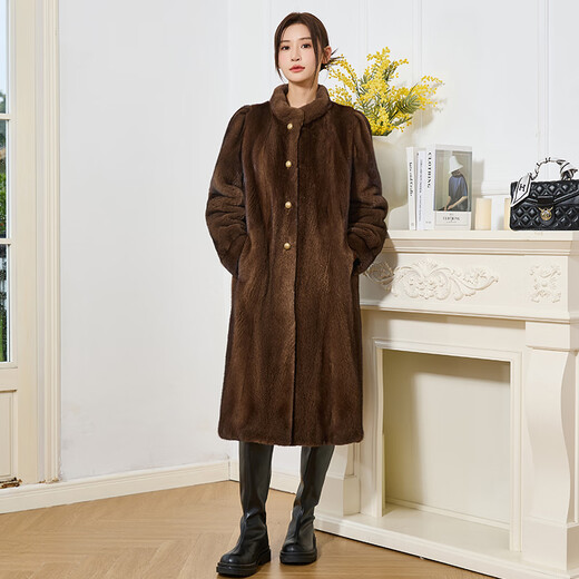 
Winter home brand fur 2025 new imported mink coat for women, whole mink over knee long mink fur coat stand collar, brown L 120Jin [Jin equals 0.5 kg] below