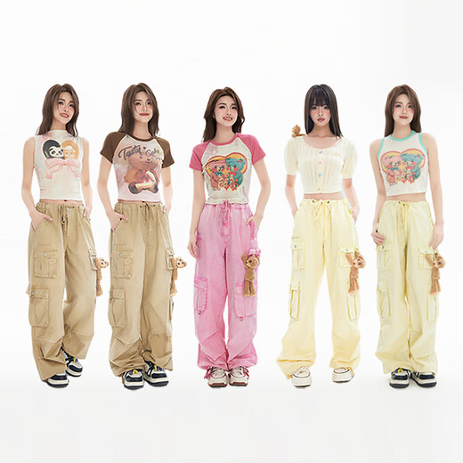 LALABOBO[商场款]立体熊多口袋工装裤女25新款宽松休闲阔腿裤LBEB-WXZC27 粉色 常规 S