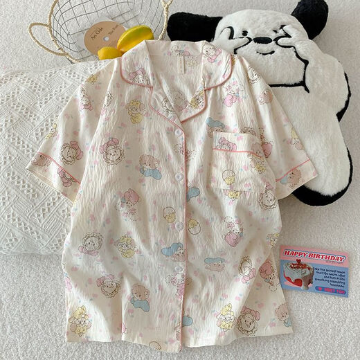 UKUHPK Summer Pyjamas Frauen Wolken Baumwolle 120g Lapel Cardigan Kurzarm Shorts Hosen dreiköpfige Set niedliche Heimkleidung 9901# Pink Border Mike M.