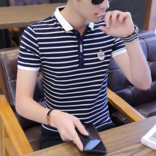 Playboy Men's Short Sleeve Simple Versatile Boys T-shirt Lapel Polo Shirt Trendy Korean Men's Summer T-shirt Men's Clothing 7029 Navy Blue XL